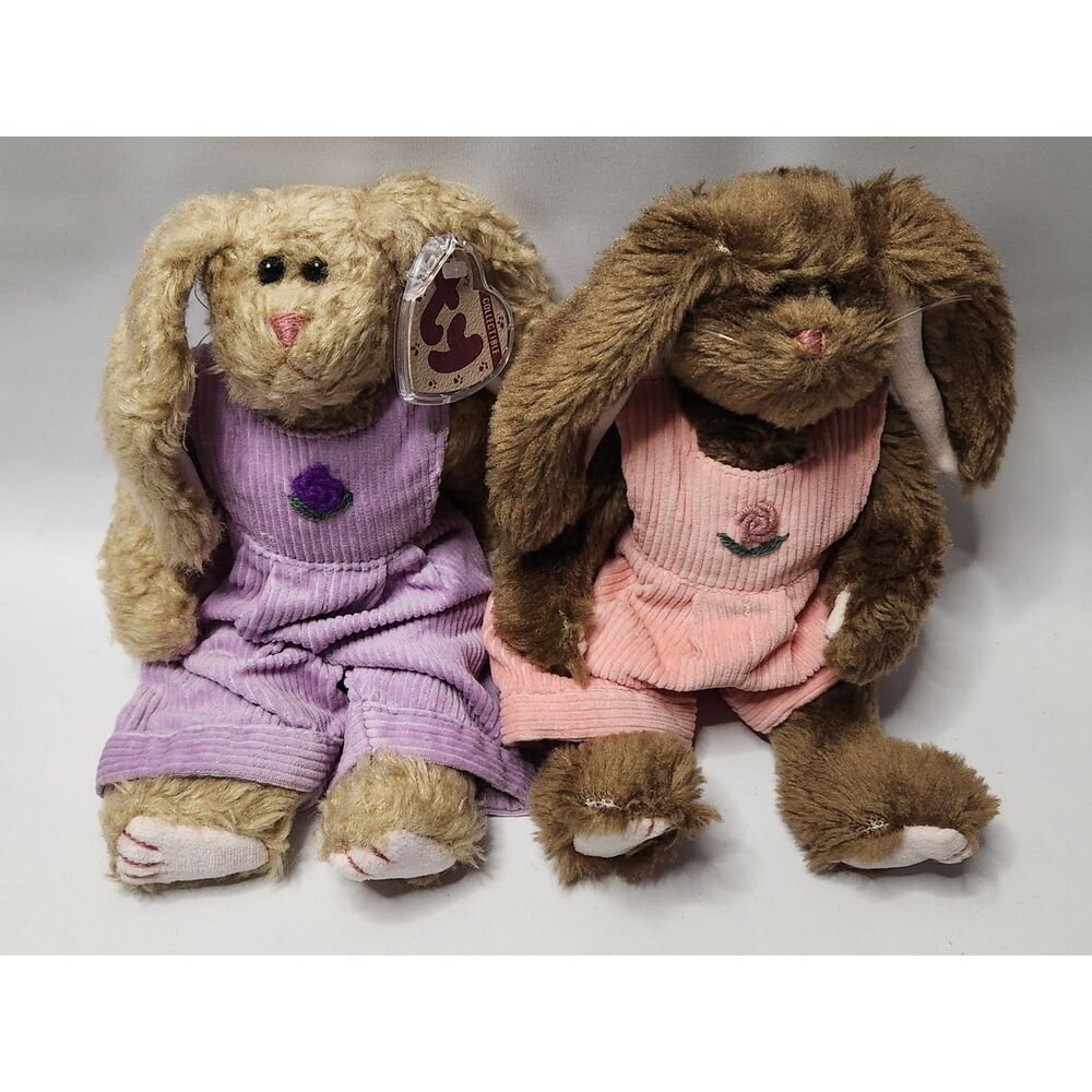 Vintage 1993 TY Attic Treasures Bunny Lot Jeremy & Rose Jointed Plush Pair